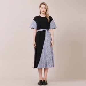 분더가이스트 체크배색 언발란스 반팔 롱원피스 블랙 WUNDERGEIST